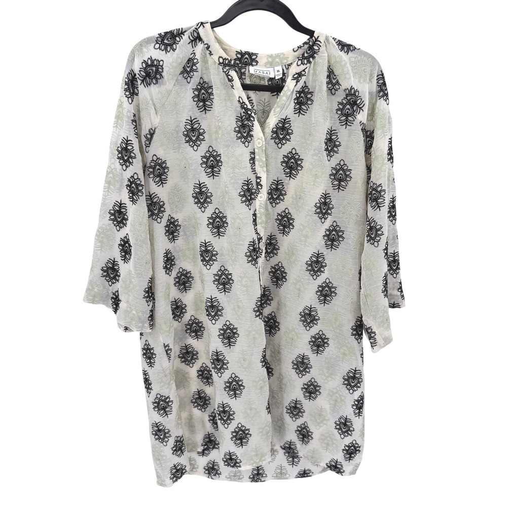 Masai Copenhagen Embroidered‎ Floral Button Down Blouse White Black Sage Sz XL
